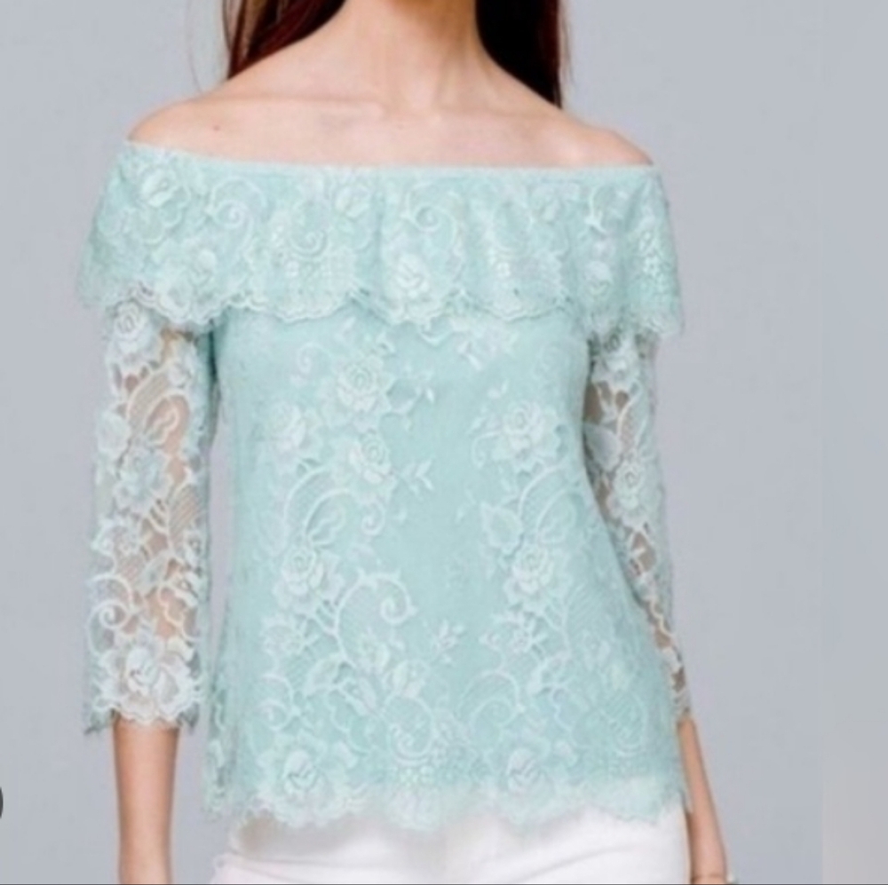 White House Black Market Off The Shoulder Or Round Neck Lace Blouse - Light Blue